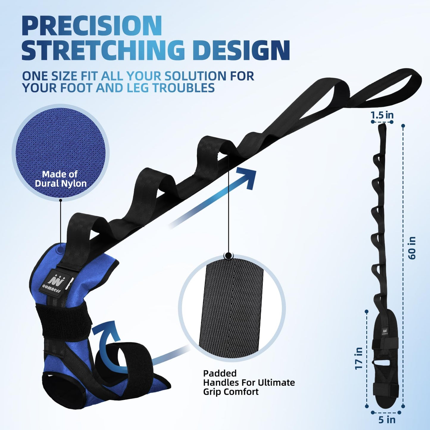 comness Foot and Calf Stretcher Stretching Strap For Plantar Fasciitis, Heel Spurs, Foot Drop, Achilles Tendonitis & Hamstring. Yoga & Leg Stretch Strap. (Blue)