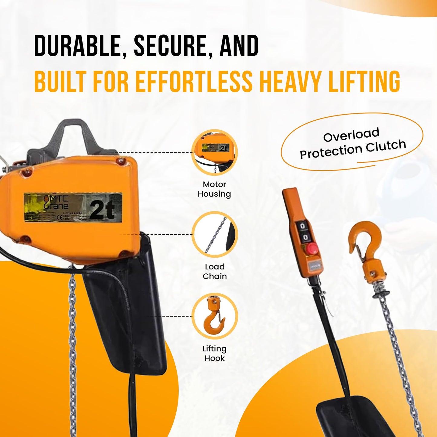 MTC Crane Heavy-Duty 2 Ton Electric Hoist, Electric Winch - Electric Hoist with VFD Controls, 20' Lift Height, 480V 3-Phase, Pendant Control