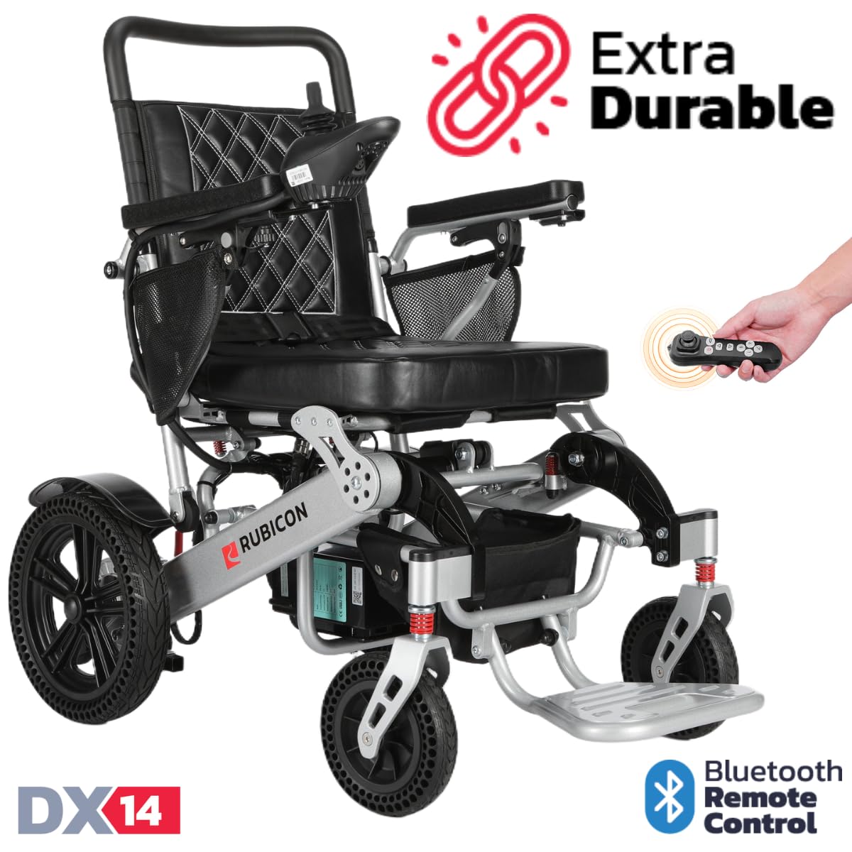 Rubicon DX14 - Longest Range 30 Miles, Airline Approved Electric Wheelchair, Dual 12AH Lithium Batteries, 2x300W Motors, Leather Cushion, Foldable, Lightweight & Powerful (Model20)