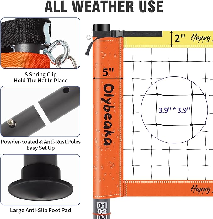 Outdoor Portable Volleyball Net Set for Backyard Beach with Adjustable Heavy Duty Poles, Durable Net, PU Volleyball & Pump, Carry Bag
