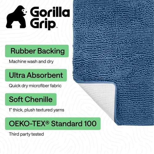 GORILLA GRIP Bath Rug Mat - Soft Absorbent Chenille | Quick Dry Microfiber, 60x17, Blue