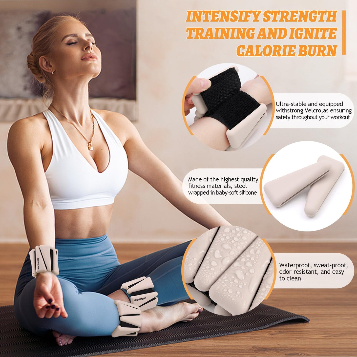 BECOJADDE Ankle Weights Set of 2 (2 lb Each) Adjustable Wrist Weights for Women Men Wearable Arm Leg Weight for Pilates, Running, Walking, Workout, Yoga, Beige