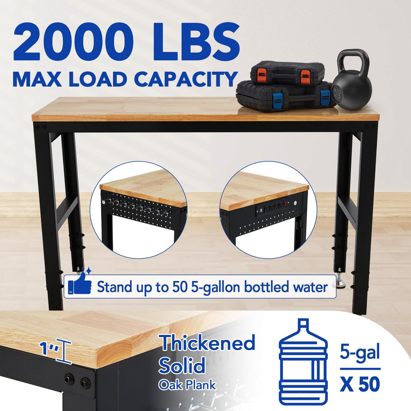 48"x20"Adjustable Workbench, 2000 Lbs Capacity, Heavy-Duty Garage Worktable with Built-in Power Outlet for Home, Office & Workshop, Adjustable Height 29.5"-38.4"