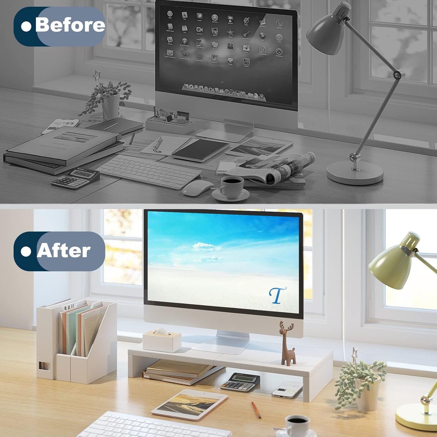 20 inch TEAMIX White Monitor Stand Riser, Wood Desktop Stand for PC/TV/Laptop/Printer, White Monitor Riser