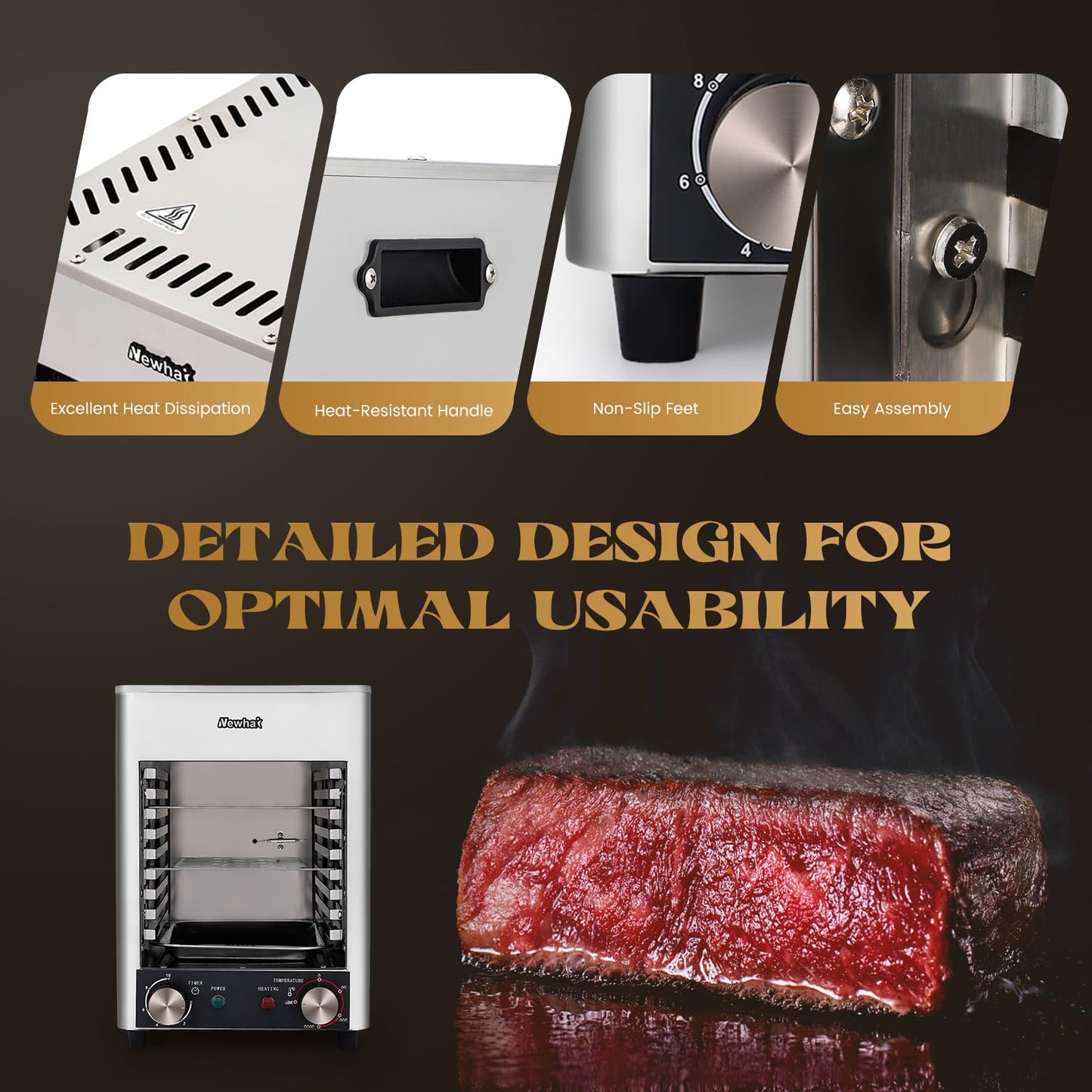 Newhai Electric Steak Broiler 1700W Indoor Commercial Steak Grill Automatic Steak Broiler for Carnivores Time Temperature Adjustable for Beef Chicken Vegetables 110V US