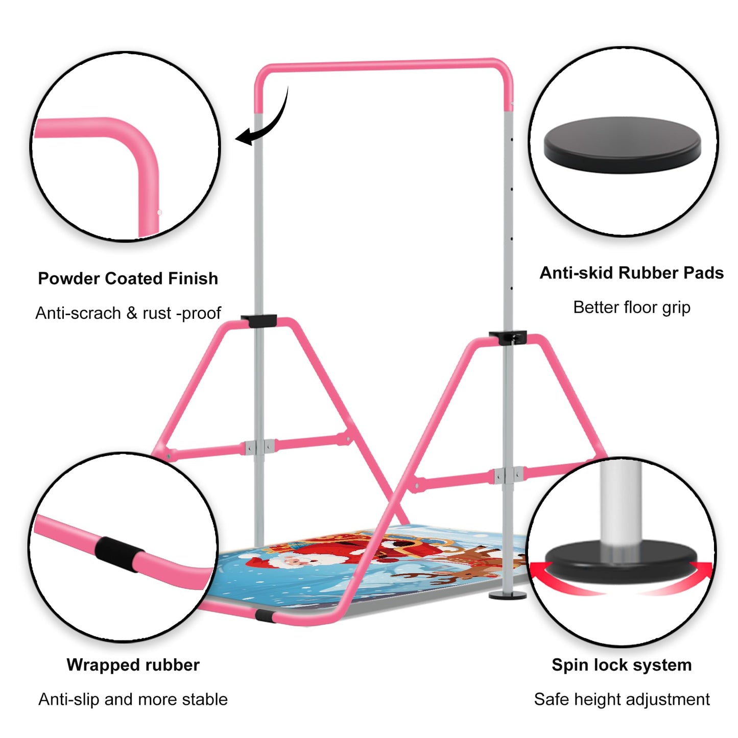 Jivifao Gymnastics Bar with Self-Inflating Mat for Kids, Adjustable Height Gymnastic Horizontal Bars with Mat, Folding Gymnastic Training Monkey Bars, Junior Expandable Training Kip Bar for Home