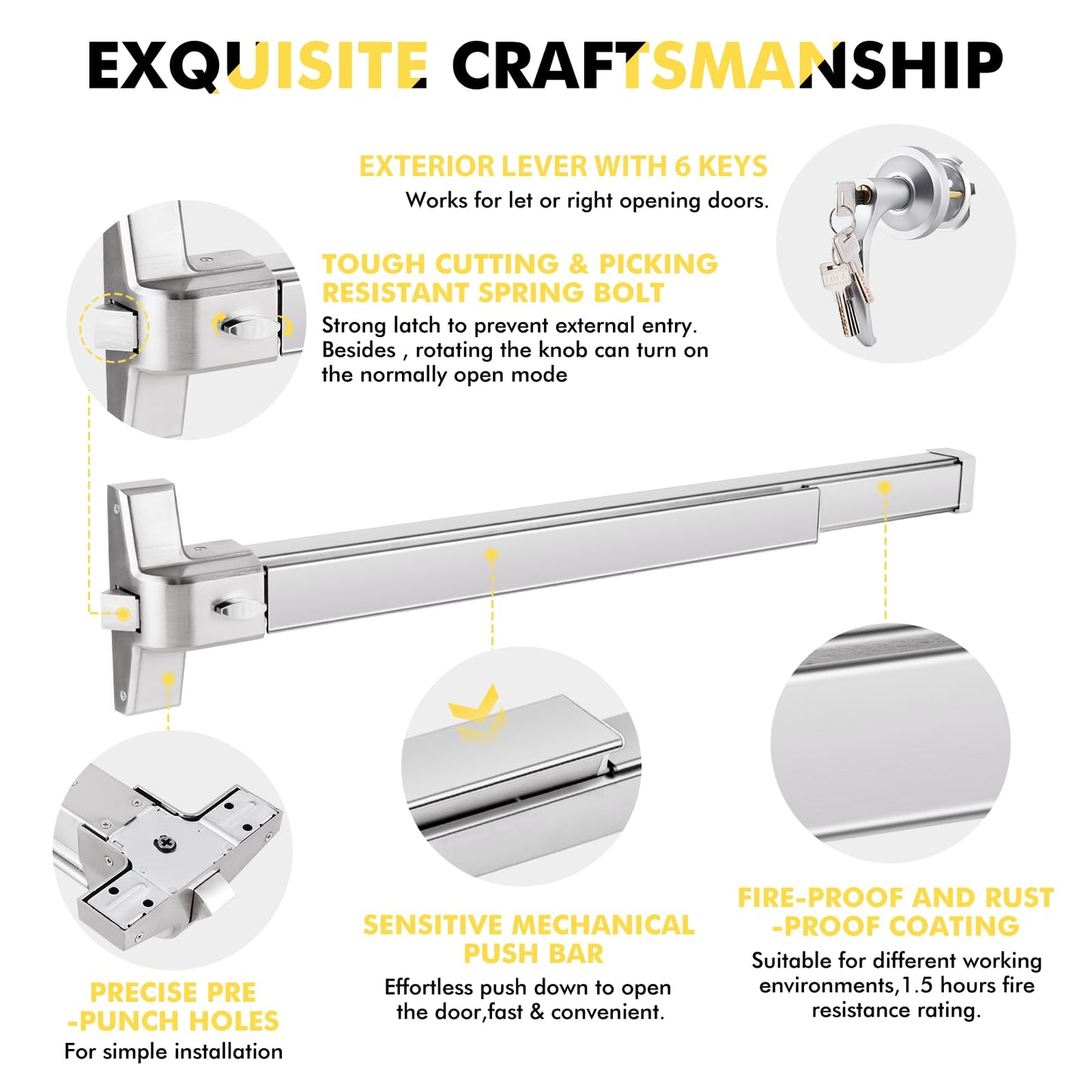 YUCHENGTECH Door Push Bar Panic Exit Device 31.5IN Panic Bars for Exit Door Stainless Steel Commercial Emergency Exit Device with Exterior Lever 6 Keys(31.5‘’ with Lock)