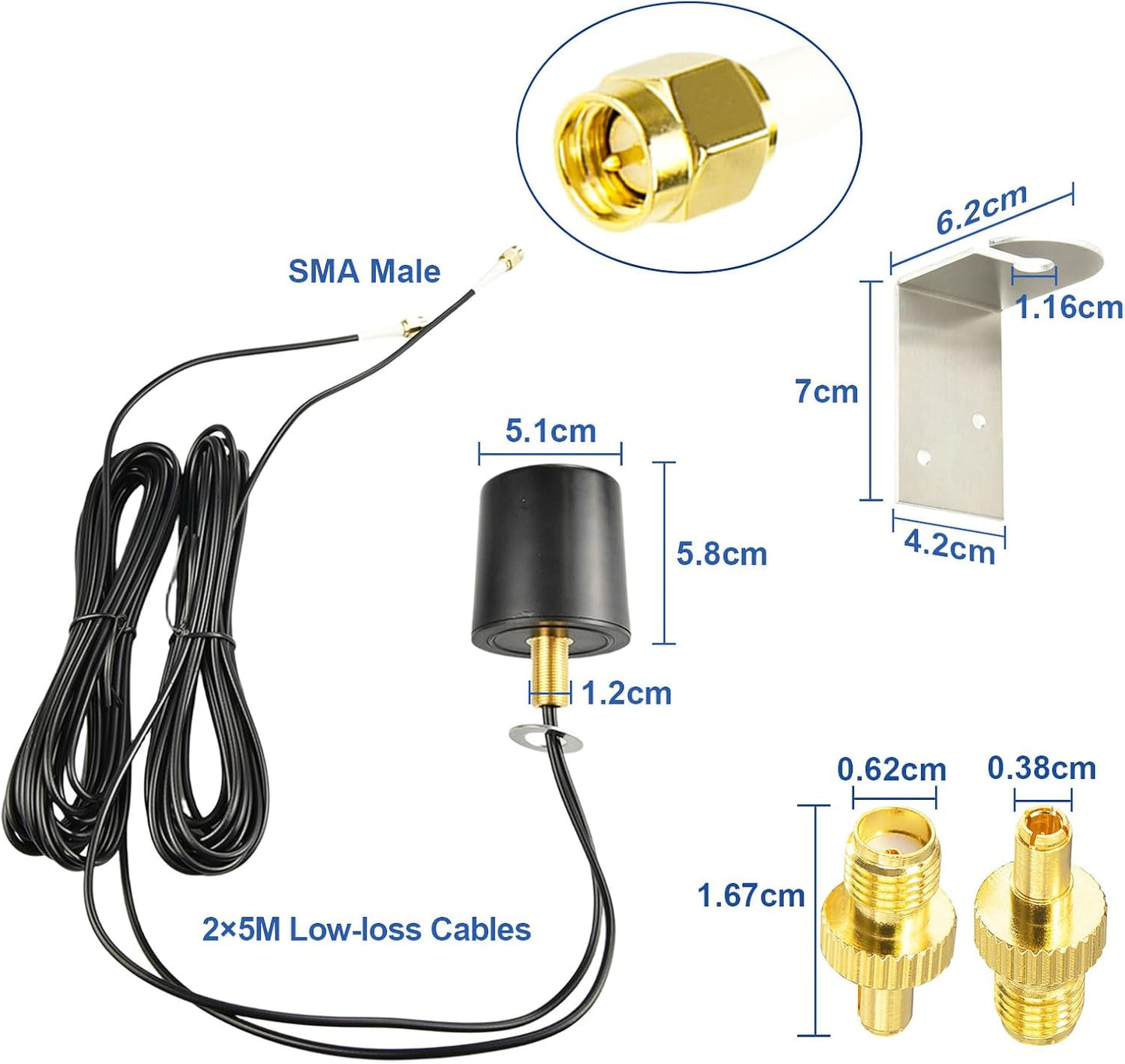 Boobrie 2x2 5G 4G 600-6000MHz 2x16.4ft TS9 MIMO LTE Omnidirectional Antenna Outdoor WiFi Antenna with Low Loss SMA Male