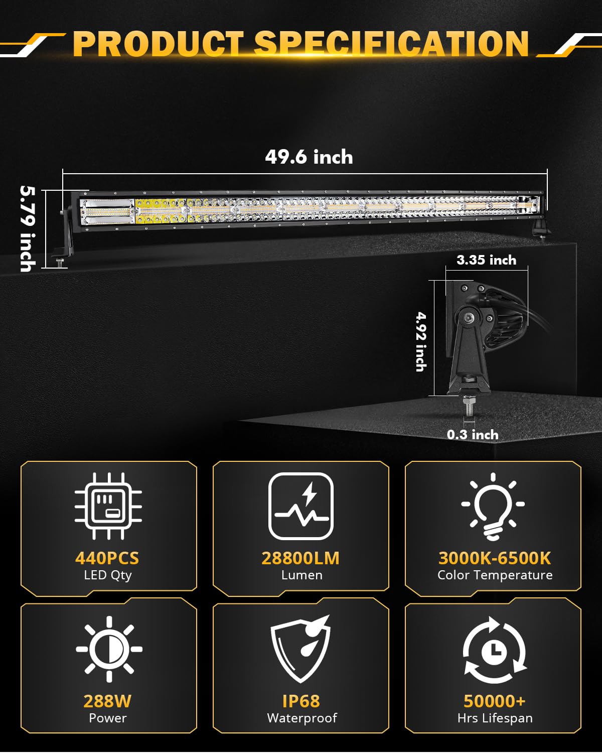 Auxbeam 50 Inch Curved LED Light Bar, 288W 6 Modes Amber White Strobe Fog Lights, Spot Flood Combo Memory Reset Function Offroad Driving Work Ditch Light for Truck Car ATV