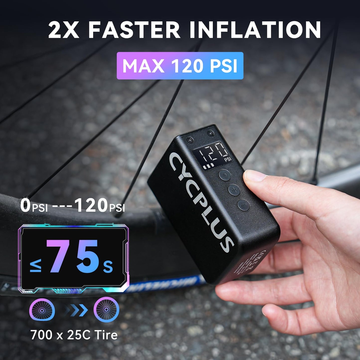 CYCPLUS AS2 Pro Max Tiny Pump Mini with Gauge, Max 120 PSI Cordless Bicycle Air Pump, Auto Stop, with Presta and Schrader Valve for Car, Motorcycle, Bike and Ball (2025 Updated Version)