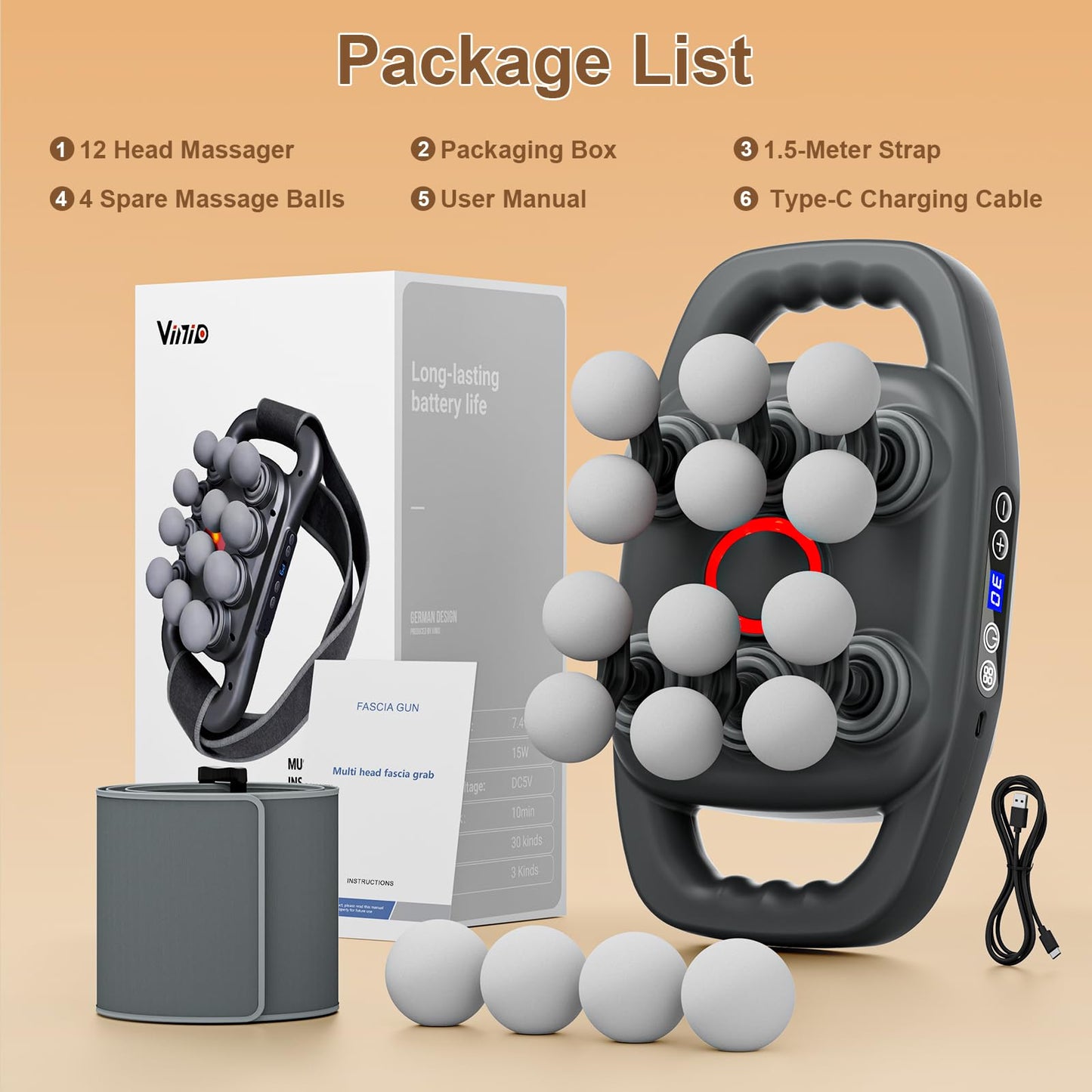 Vinid Cordless Neck and Back Massager with Heat, 12 Professional Massage Heads, 30 Adjustable Intensity Levels, 3 Massage Modes for Deep Tissue Relief, Includes Bonus 4 Heads & Shoulder Strap