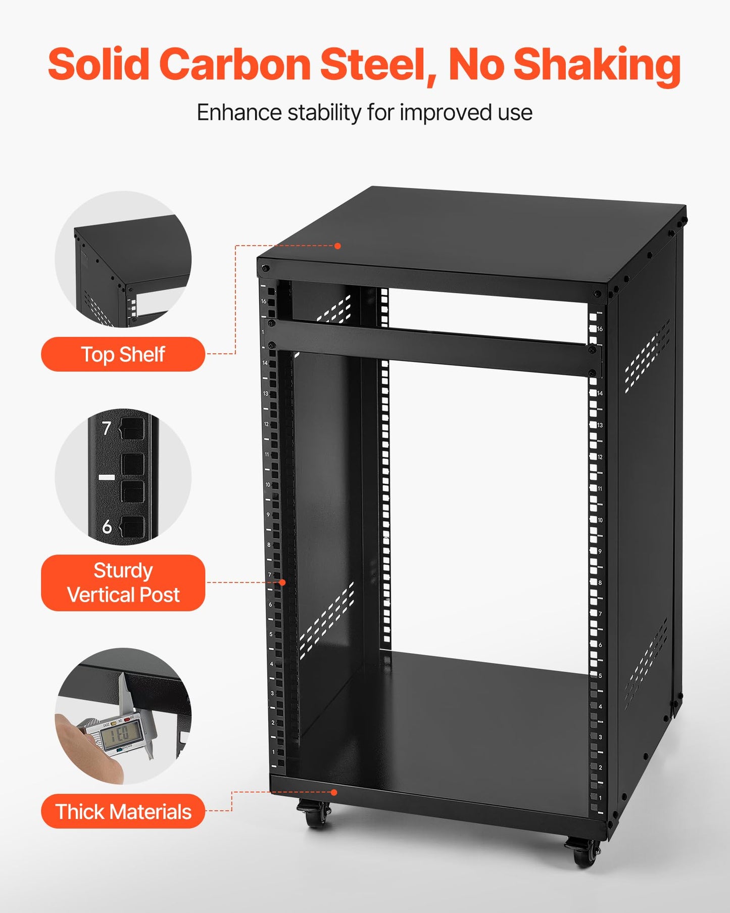 VEVOR 16U AV Rack, Recording Studio Rack Cabinet, Open Frame Server Rack with Locking Caster Wheels, Removable Side Panels & Vent Design for 19" Network, Audio, Video, IT & Network Equipment Mounting
