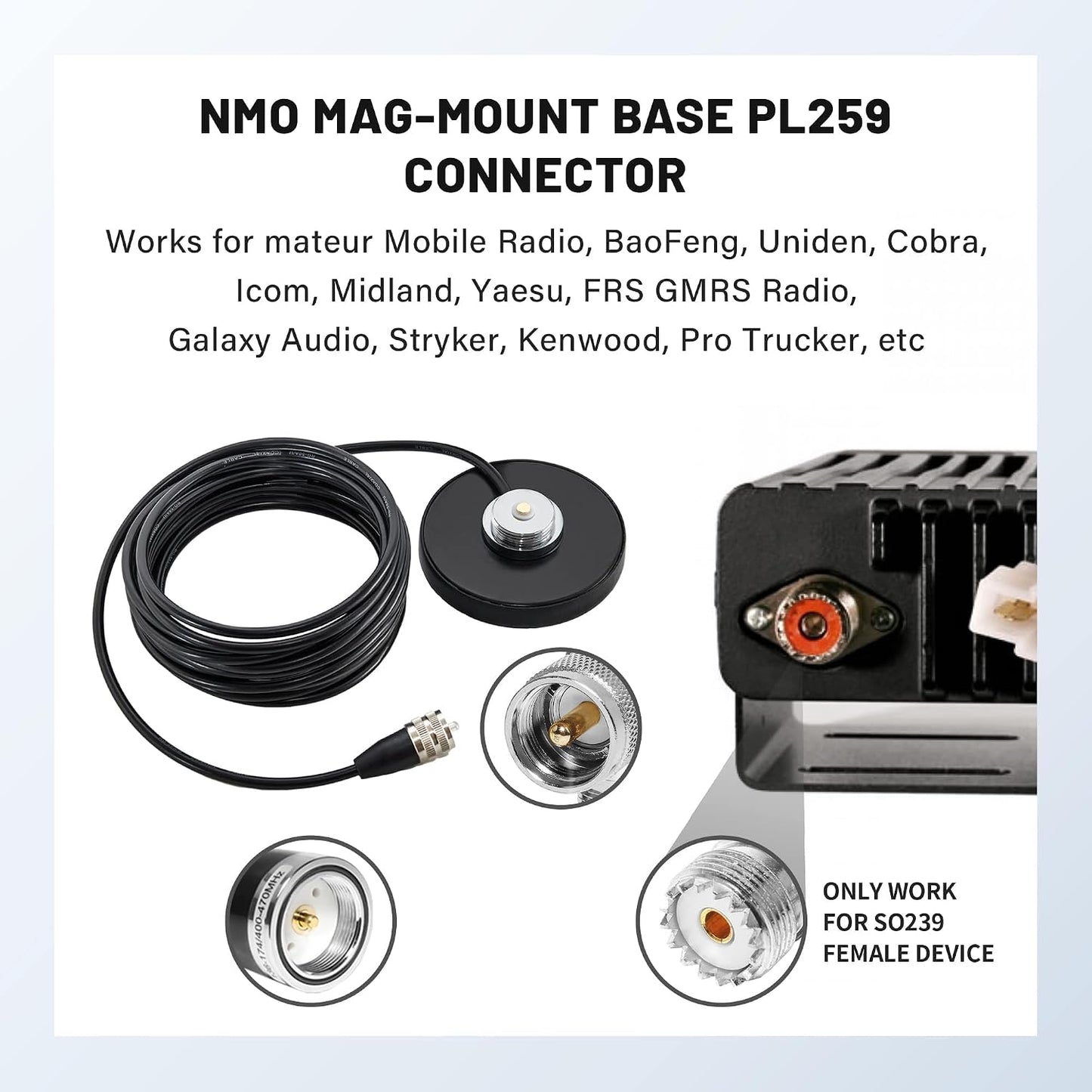 Anina 16.4 RG58 PL-259 NMO Antenna Magnetic Base Mount FT Coaxial Cable Plug with NMO Antenna Mounting Cap for CB Ham