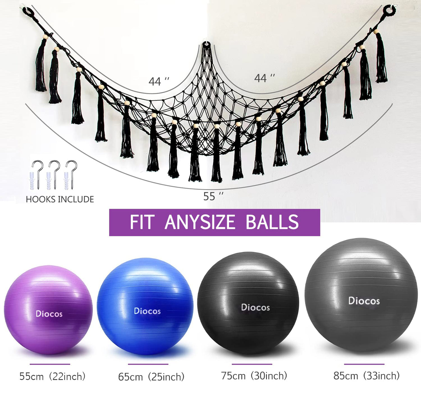 Diocos Exercise Ball Holder Wall Mounted Yoga Ball Rack Corner Hanging Net or Hammock for Fitness Ball,Balance Ball, Stability Ball Shelf for Yoga Studio and Gym