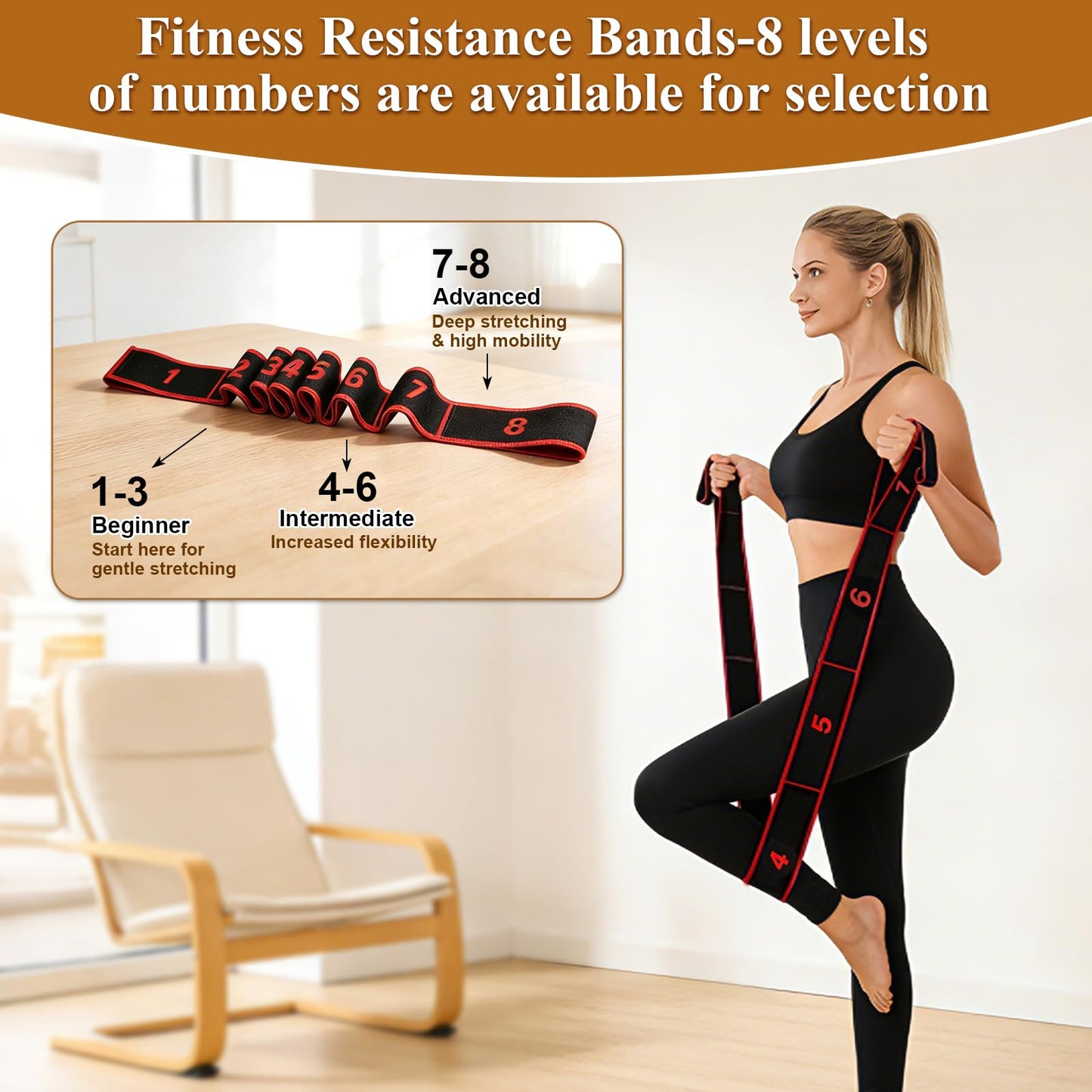 4 Pcs Fitness Resistance Band for Stretching and Yoga with 8-Level Adjustable Strap & 3 Loop Resistance Bands for Legs, Resistance Bands for Working Out, Pilates, Physical Therapy, Home Workout