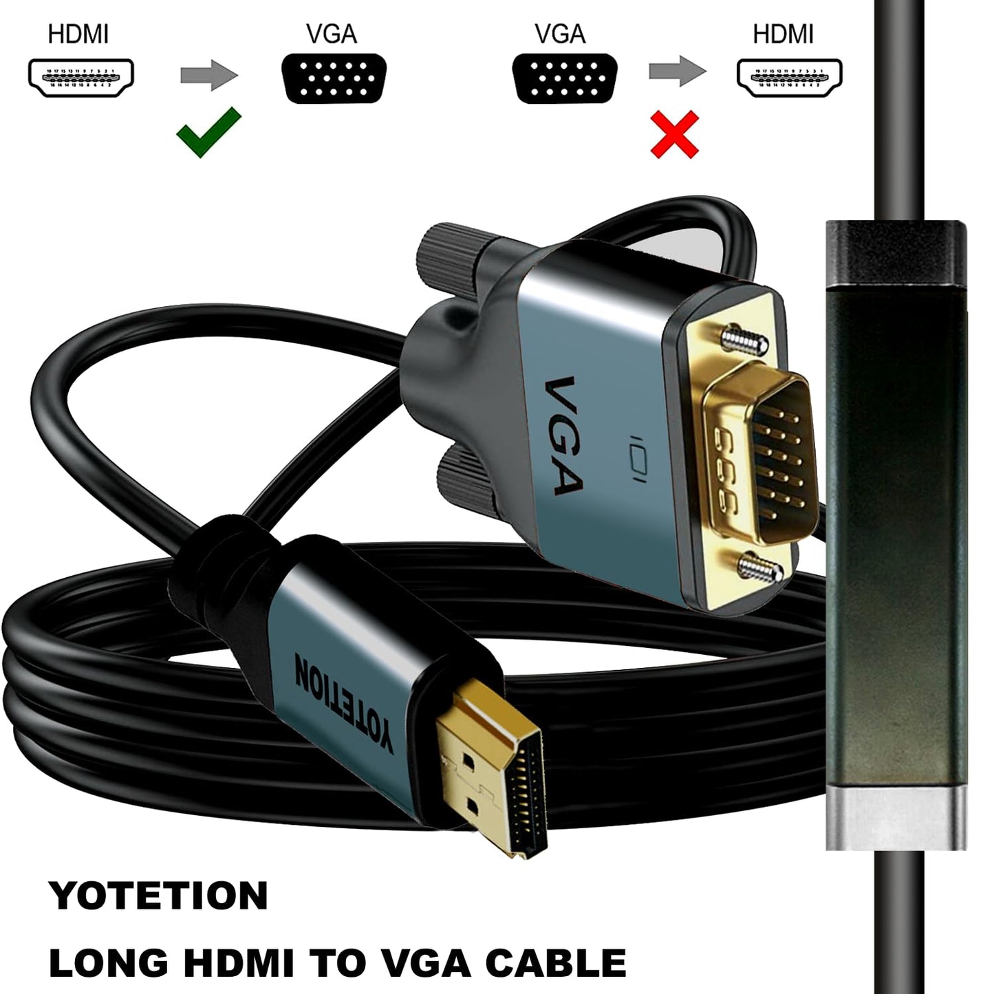 YOTETION 30FT HDMI to VGA Cable with IC, Gold-Plated HDMI to VGA Compatible for Computer, Desktop, Laptop, PC, Monitor