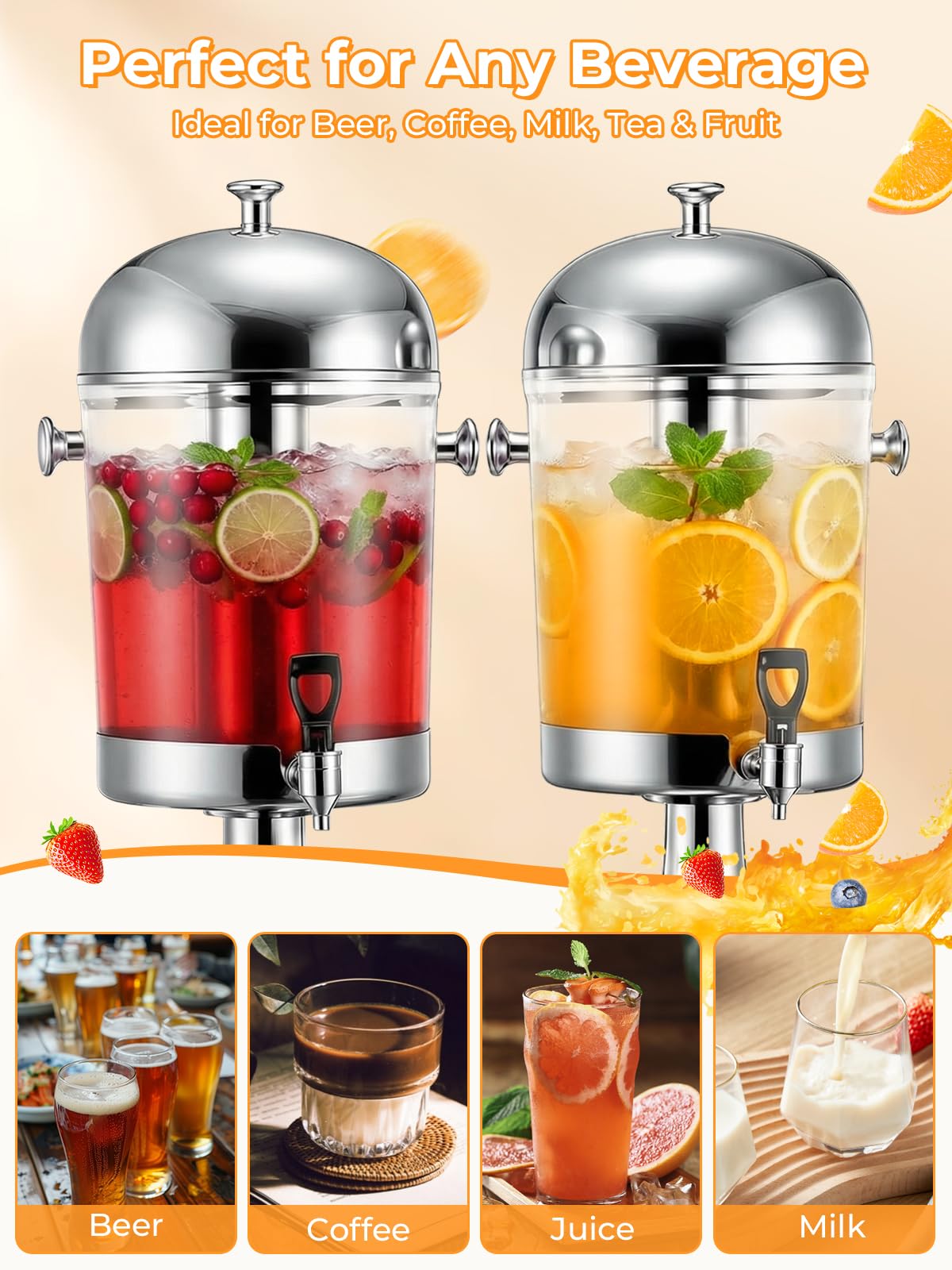 Beverage Dispenser for Parties 4.5 Gallon, Stainless Steel Drink Dispenser with Stand, Commercial Hot & Cold Juice Dispenser, Ice Core & Drip Trays for Beer, Lemonade Ideal for Parties Buffet Home Bar
