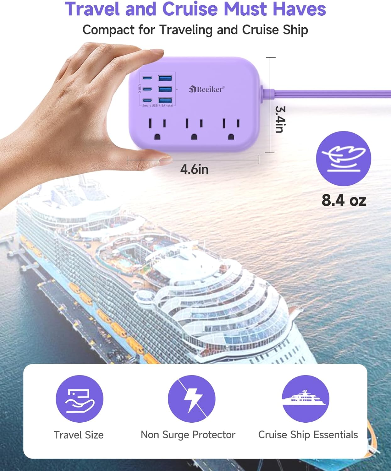 Beeiker 6 USB(3 5Ft 24W 3 USB C) Purple Travel Power Strip- Purple Extension Cord with USB Charging Station