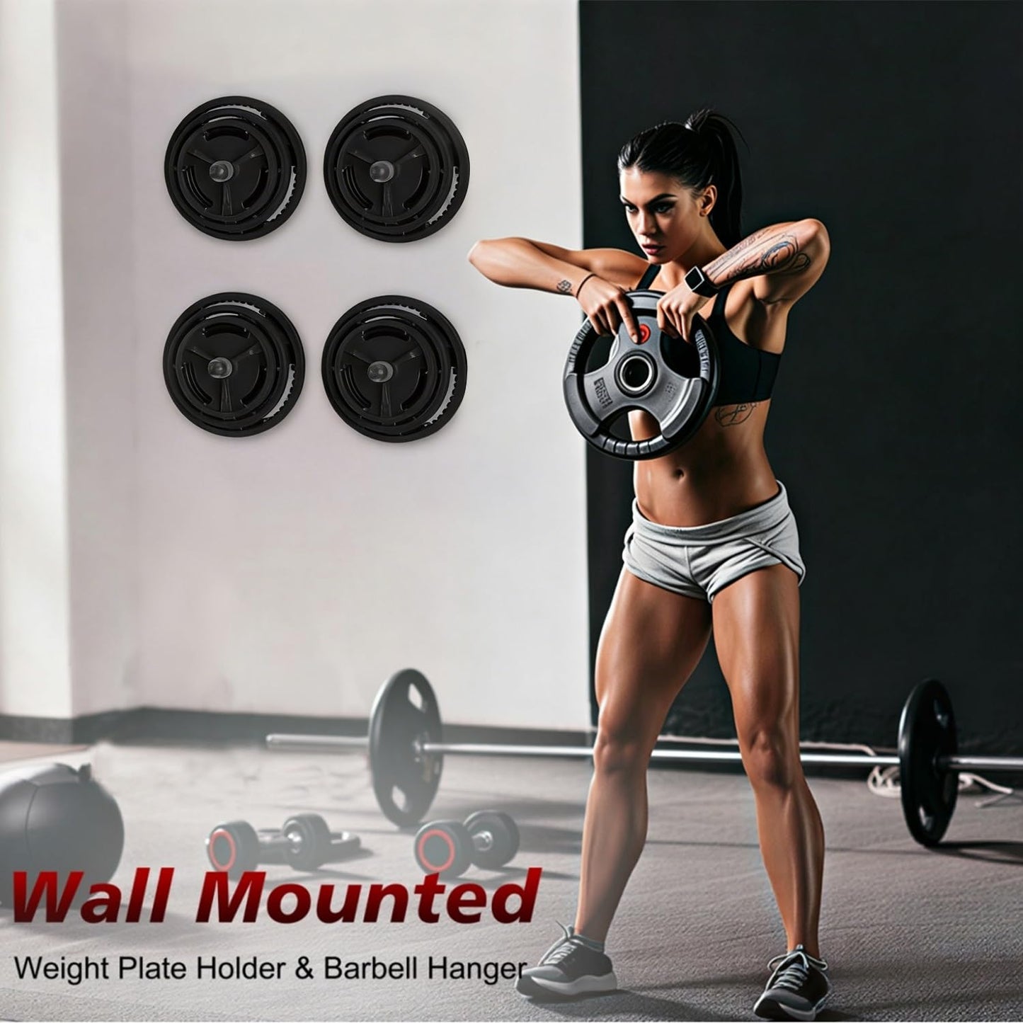 Rumoid 4 Pack Wall Mounted Weight Plate Holder, Weight Plate Holder for 2" Olympic Weight Plates, weight plate rack With Protective Rubber Pad for Garage Home Gym