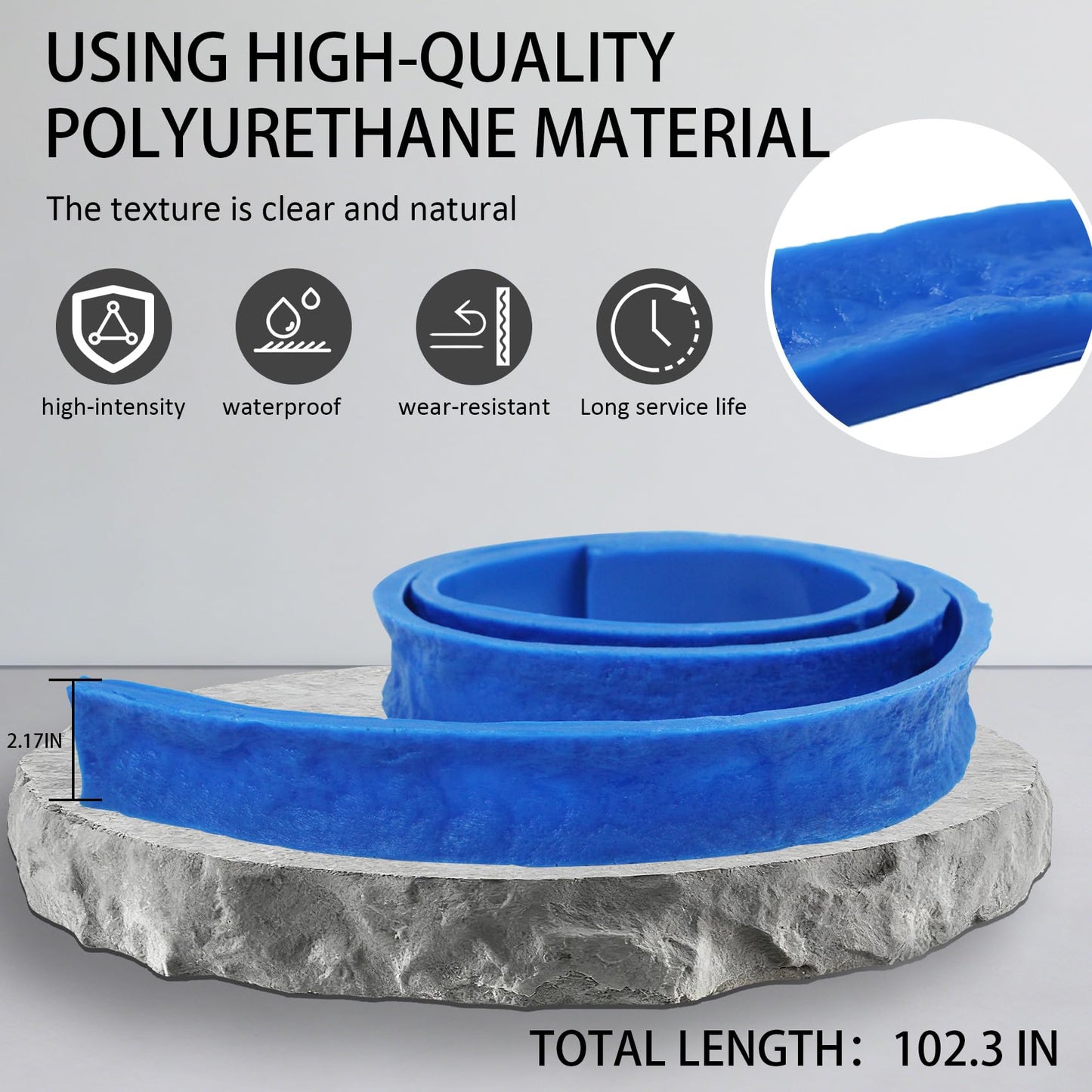 Stone Rock Edge Form Liner 102.36 L x 2.17 "W x 0.59 "T Countertop Edge Form Liner Chiseled Concrete Stone Molds for Concrete Countertops Steps, Benches, Fireplaces Edging