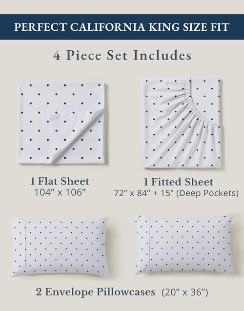 LANE LINEN 100% Organic Cotton California King Sheet Set - Naturally Cooling, Deep Pocket, Polka Dot Design