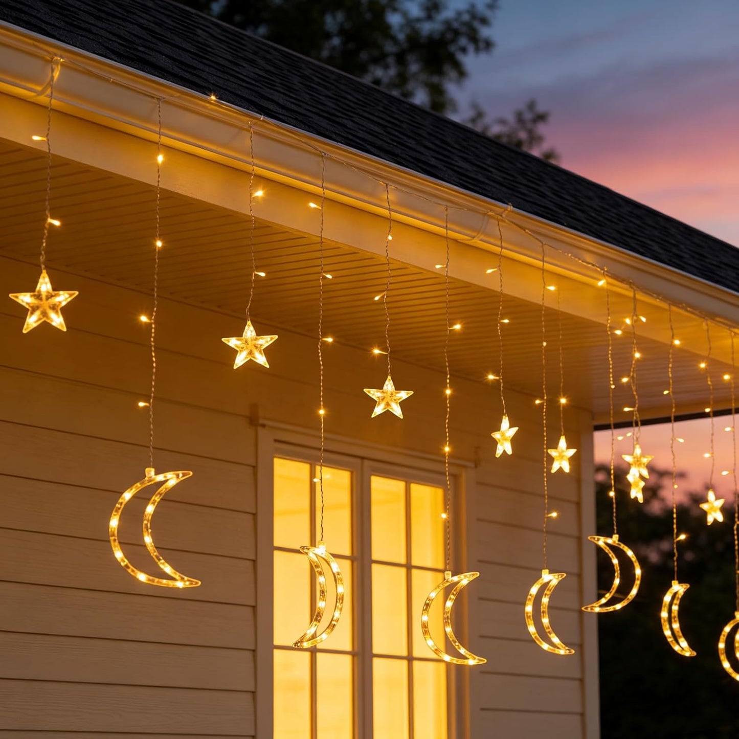 TW SHINE Star & Moon Curtain String Lights - 138 LED, 8.2 FT, Waterproof with 8 Modes & Timer for Ramadan Decor
