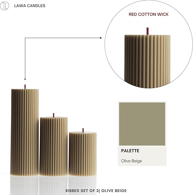 LAWA Roman Handmade Tall Ribbed Pillar Candle - Beautiful Scented Soy Wax Dinner Candle | Classic Aesthetic Decoration Set | Housewarming Gift | Home Room Shelf Decor Idea - Olive Beige (Set of 3)
