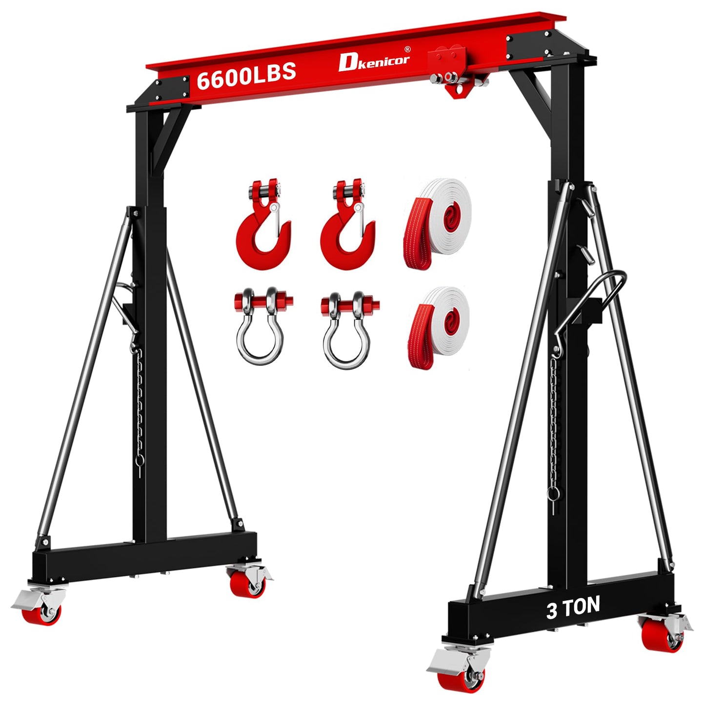 Dkenicor 3 Ton 6600Lb Gantry Crane, 8.53FT Maximum Width, 8.53-12.47ft Adjustable Height, Portable Shop Lift Hoist with 3 Ton Manual Trolley, Red