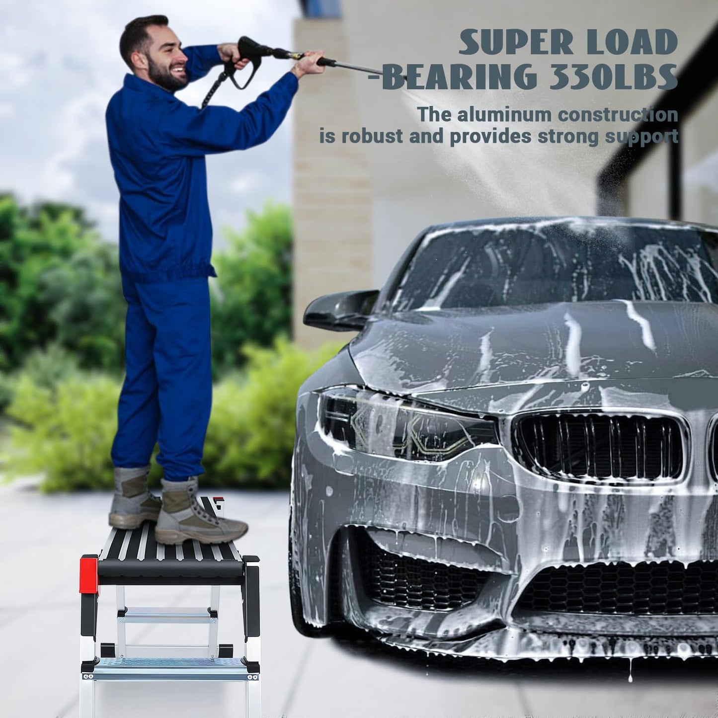 Work Platform Two Step Ladder, Aluminum Platform 45"×12"×27" Non-Slip, Heavy Duty Folding Work Bench 330 lbs Load Capacity for Washing Vehicles, Cleaning, Painting