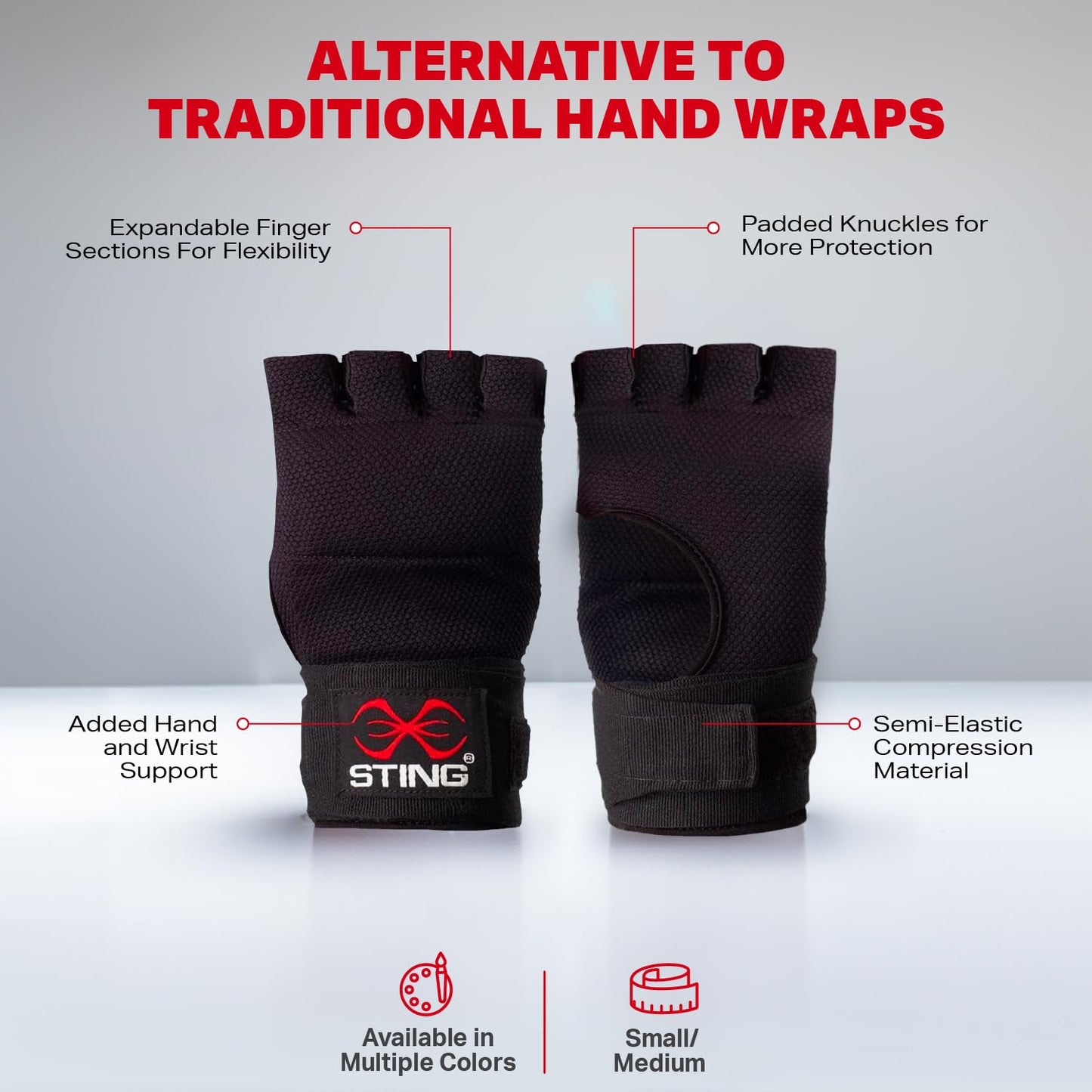 STING Elasticized Quick Wraps, Comfortable Padded Gloves with Secure Support, Ideal for Boxing, MMA, Muay Thai, and Martial Arts, Hand Wraps for Men and Women, Black, Medium