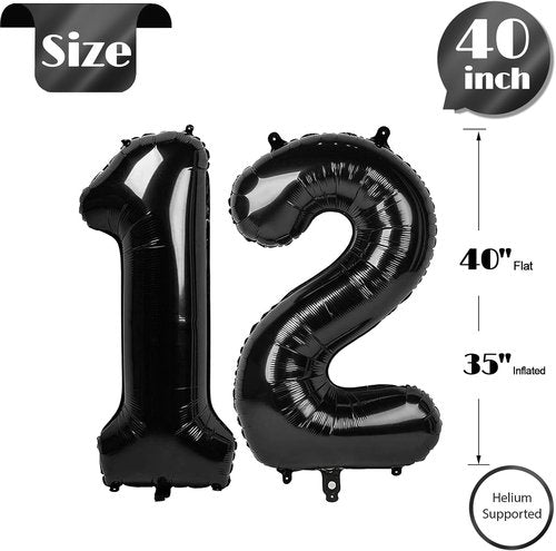 Black Number 12 Balloon - 40 Inch Giant Foil Balloon for 12th Birthday Party Decorations