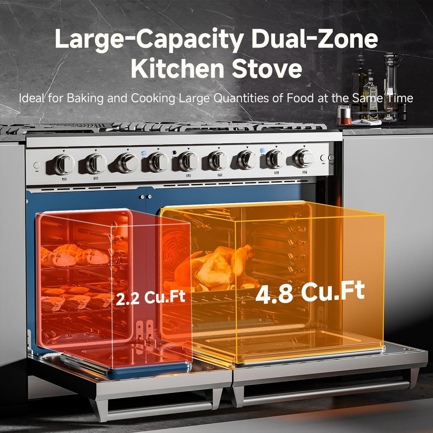 AAOBOSI 48 Inch Freestanding Gas Range Ovens with 6 cu.ft Large Capacity Double Convection Ovens, 6 Sealed Burners Plus Iron Grill Burner, Stainless Steel Gas Range Stove