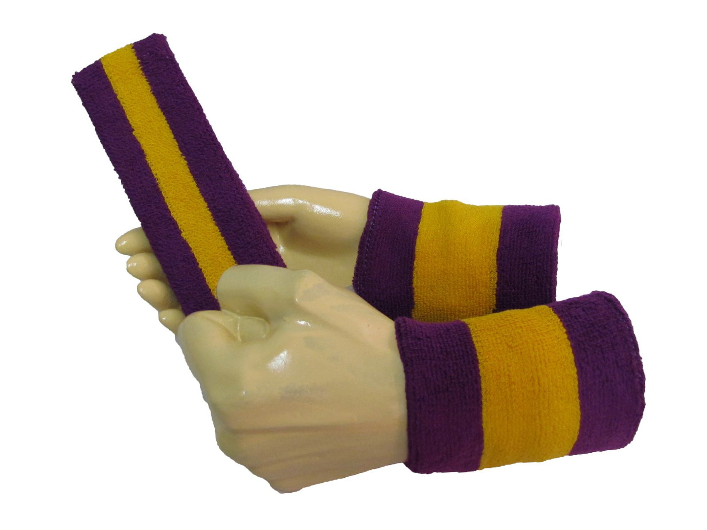 COUVER Sweatband Set (3-Pack) - Cotton Terry Cloth Sports Headband & Wristbands - Moisture Wicking for Basketball, Tennis & Fan Gear, Golden Yellow/Purple