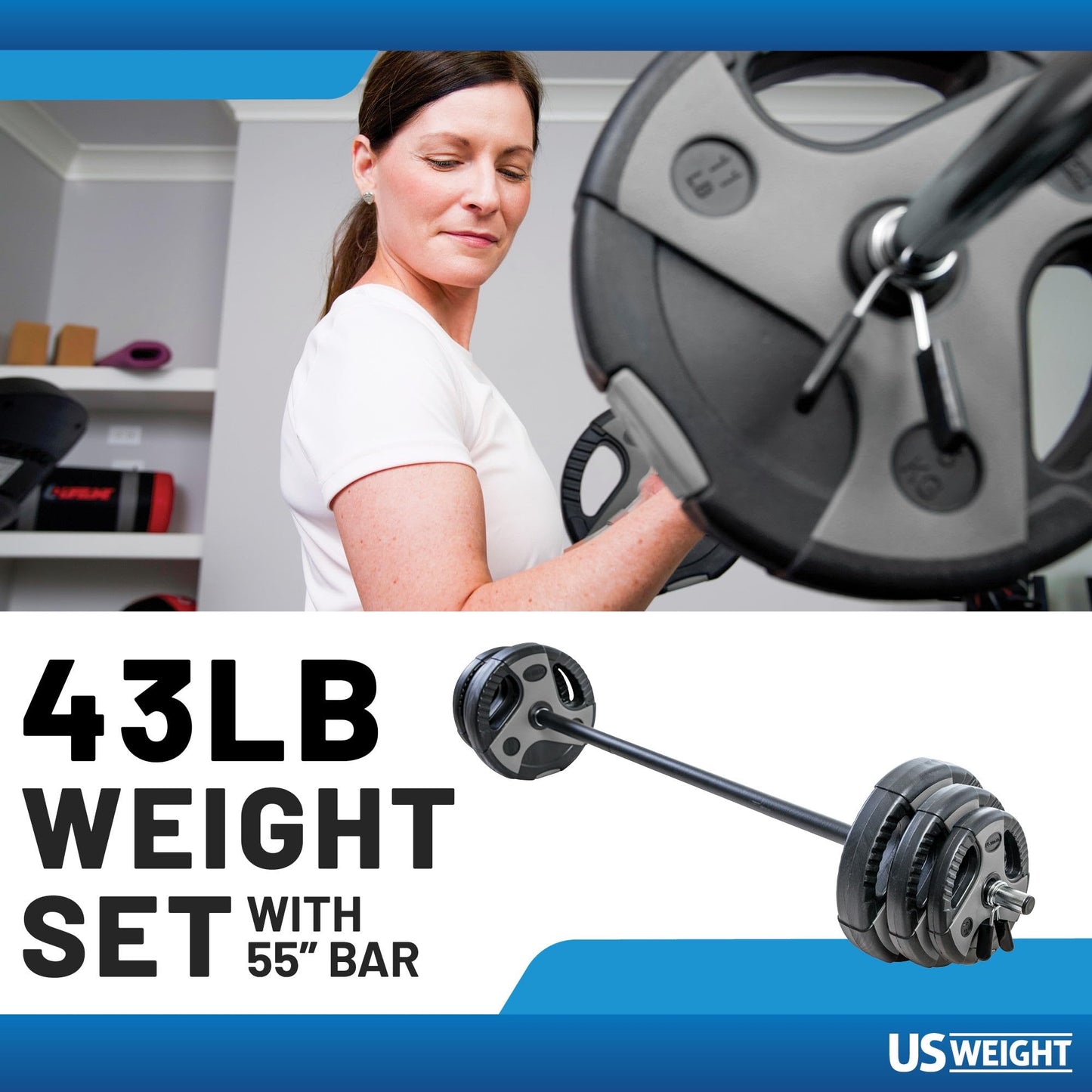 US Weight 43 LB Barbell Weight Set for Home Gym with 55” padded Bar, Adjustable Weights for Exercise, Lifting and to Build Muscle