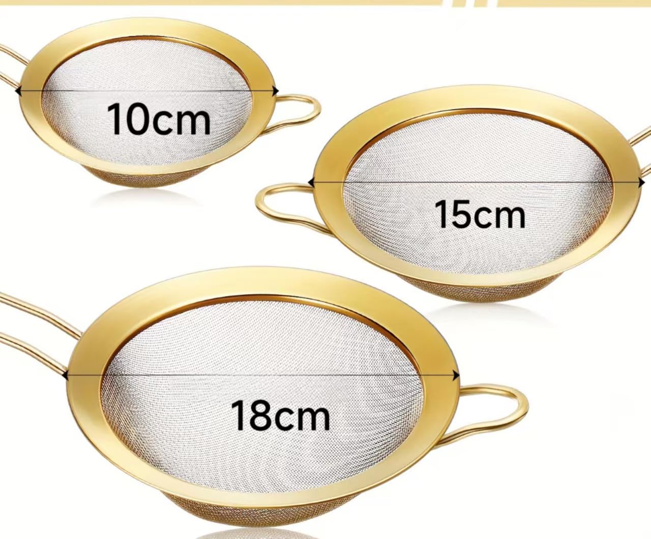 Aunewmei Three-piece Suit Baking SiftersWire ExtraMesh Strainer with Handle Oversized Extended Handle Stainless Steel Sieve Fine Mesh Strainers for Kitchen Rice Juice Quinoa Food Flour Baking(Golden)