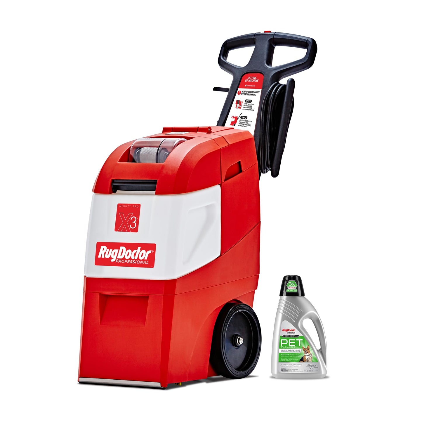 Rug Doctor Mighty Pro X3 Commercial Carpet Cleaner – Large Red Pet Pack, Includes 48 oz. Pet Carpet Cleaner Solution, Commercial Carpet Cleaning Machine, Powerful One Pass Cleaning System