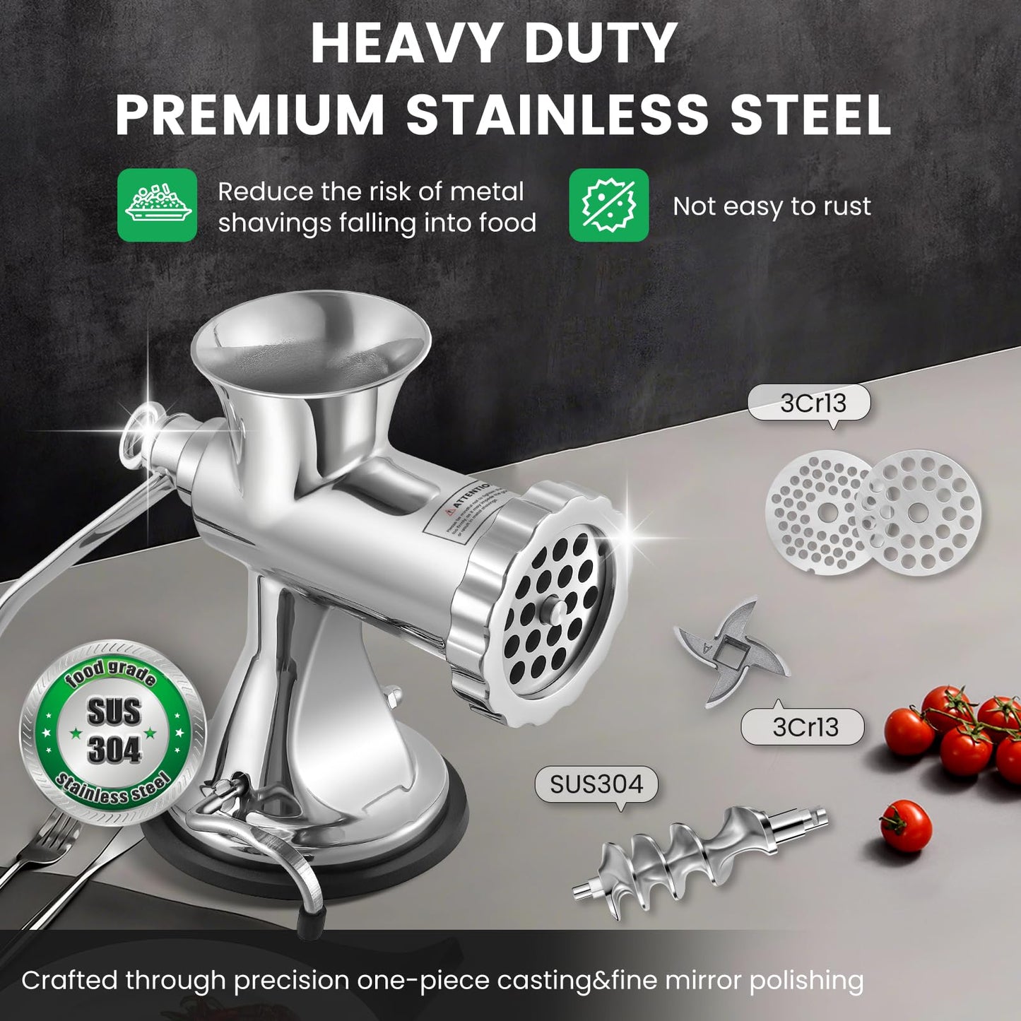 Huanyu Manual Meat Grinder - Heavy Duty Stainless Steel, Effortless Hand Crank for Fresh Ground Beef, Sausages & Pet Food - Compact, Dishwasher Safe - Perfect for Home Restaurant & Outdoor