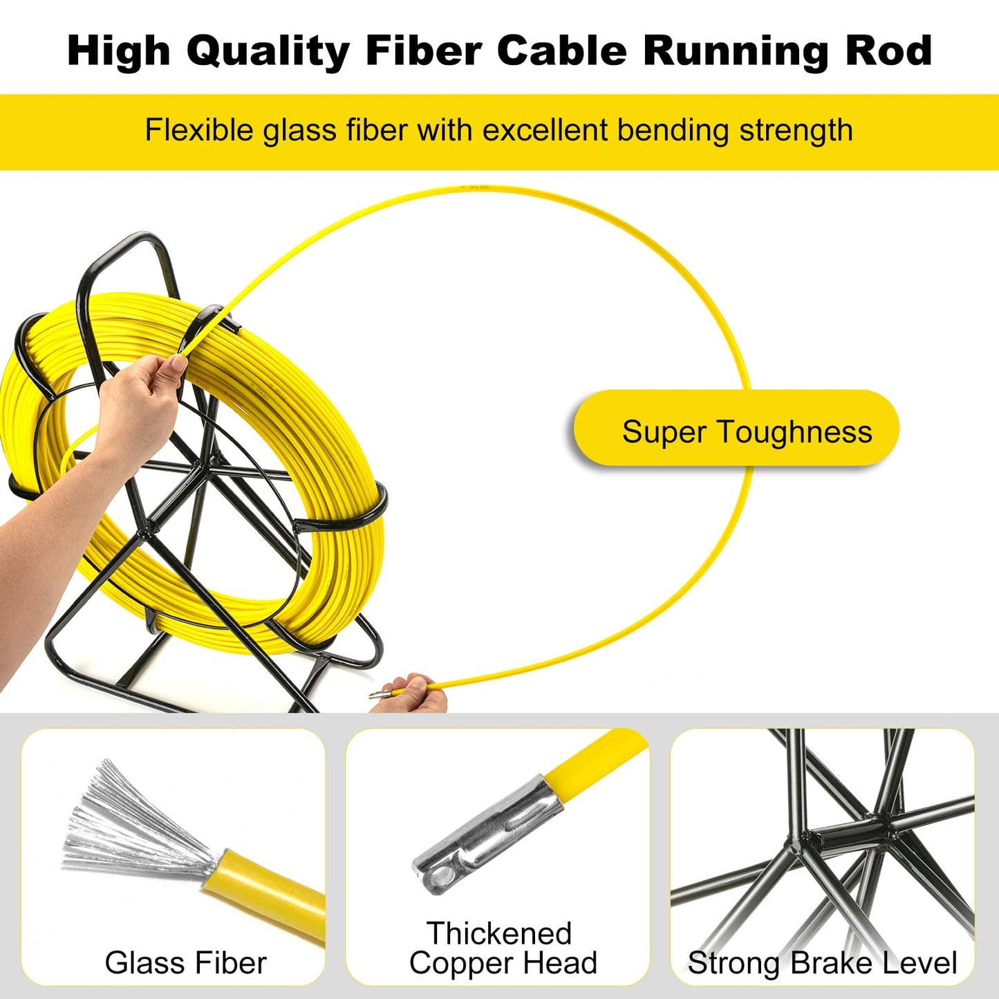 6mm x 200m (656ft) Fiberglass Fish Tape with Steel Reel Stand - Non-Conductive Duct Rodder & Cable Puller for Electrical Wiring, Conduit, Walls and Pipes