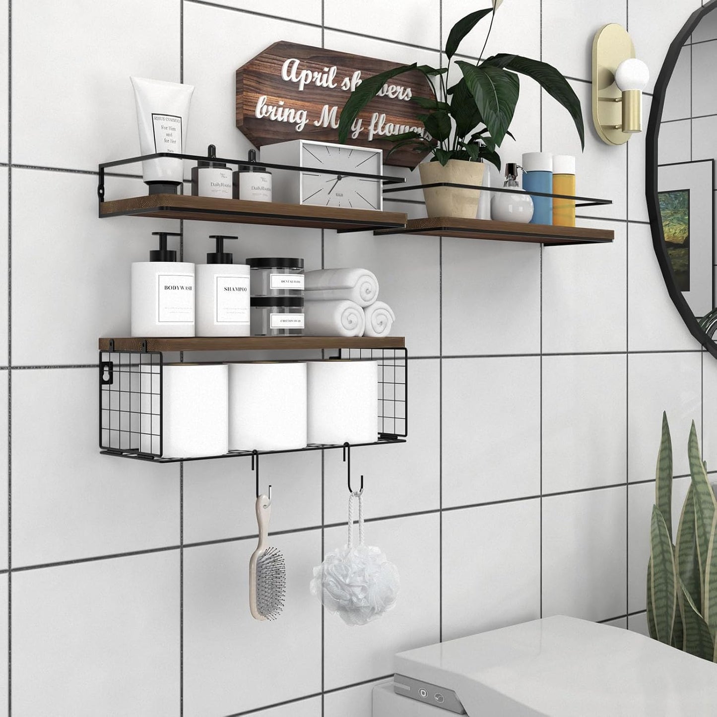 Skiennix 16.1-Inch Wall-Mounted Bathroom Shelves - Over Toilet Storage with Hooks & Basket | Brown