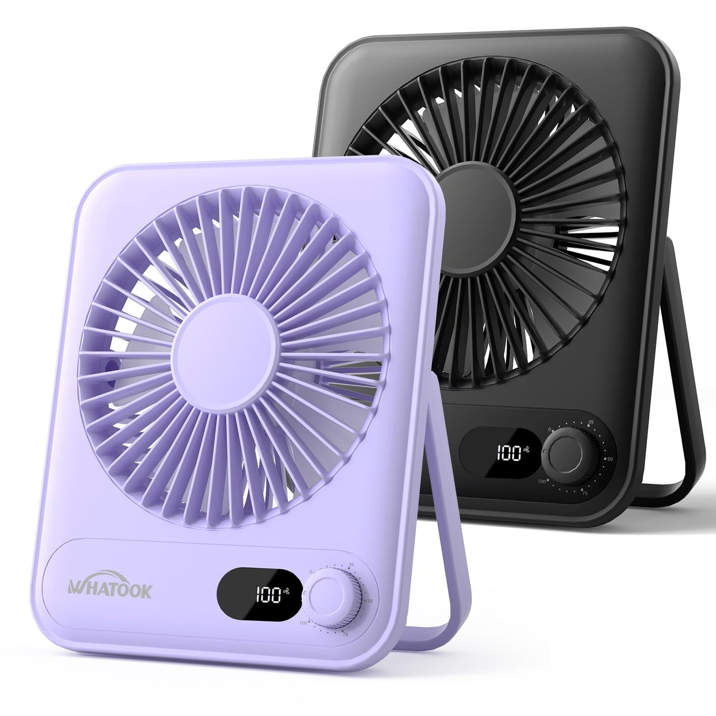 WHATOOK Desk Fan 2 Pack: 100 Speeds Stepless Control 2000mAh Battery Operated Portable Fan, Rechargeable Table Fan for Cruise Ship Essentials, Gift for Couples, Dorm, Office, Bedroom(Black and Purple)