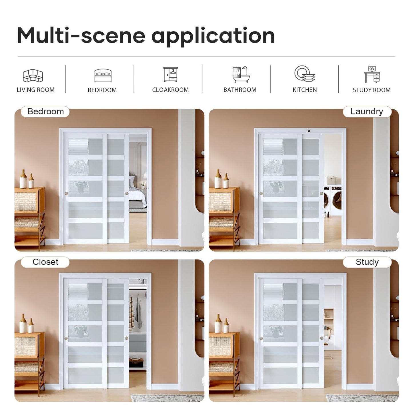 EaseLife 48"x80"(Double 25"x80") Sliding Closet Door,5-Lite Frosted Glass Bypass Sliding Door with Hardware Kit,Solid MDF Wood Slab & Water-Proof PVC Surface,White