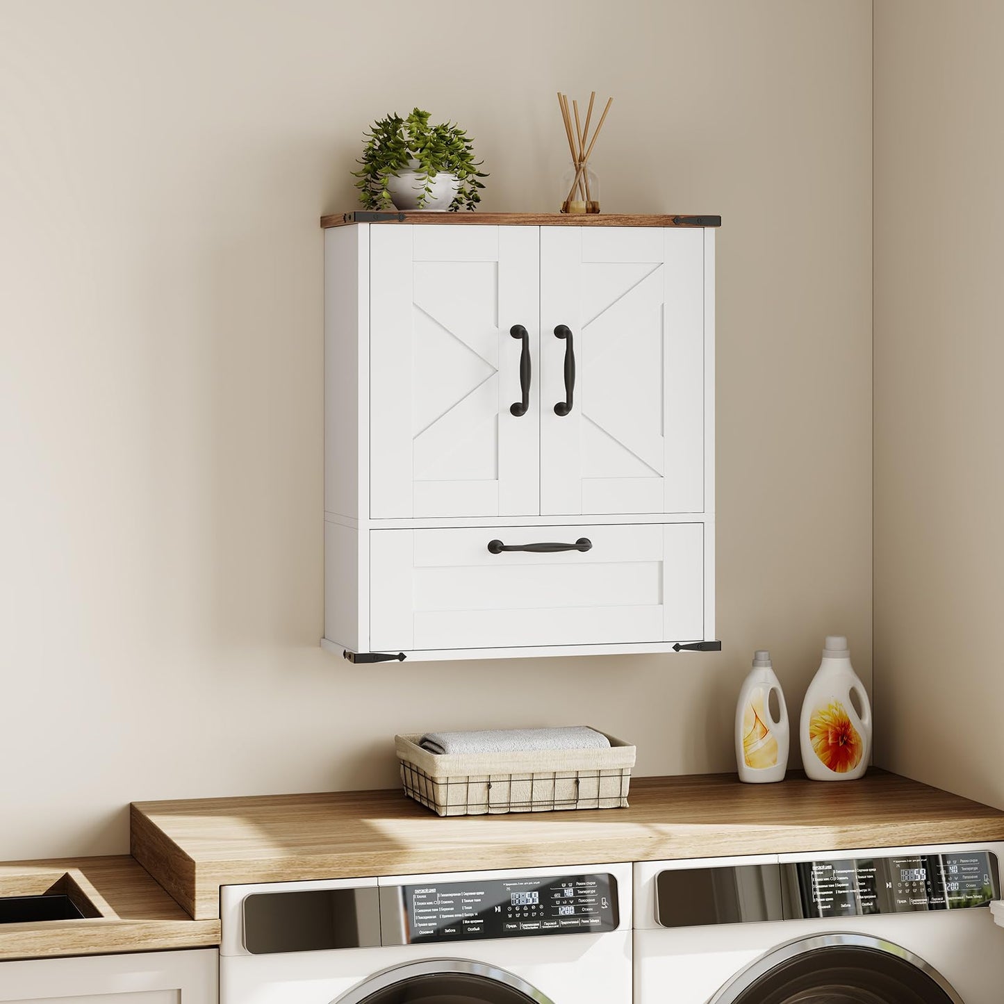 HOOBRO Farmhouse Wall Mounted Cabinet with Adjustable Shelf, Medicine Cabinet with Flip-Down Door, Over The Toilet Bathroom Organizer, for Small Bathroom, Kitchen, White and Walnut