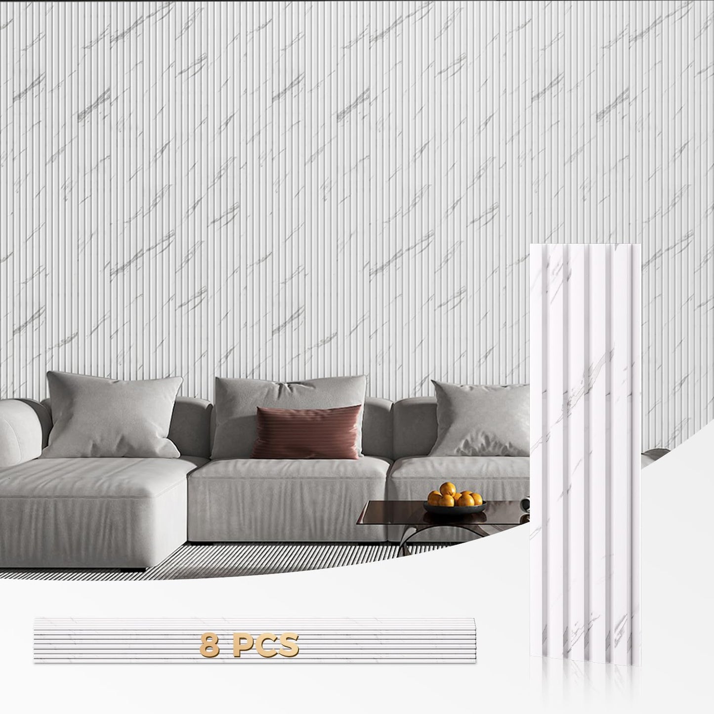 OUZUGIE WPC Acoustic Slat Wall Paneling, 8-Pack 114 x 6 Inches 3D Wall Panels for Interior Wall Decor,Living Room,TV Background,Study Room,Office Spaces,Bedroom,Low Grille (White)