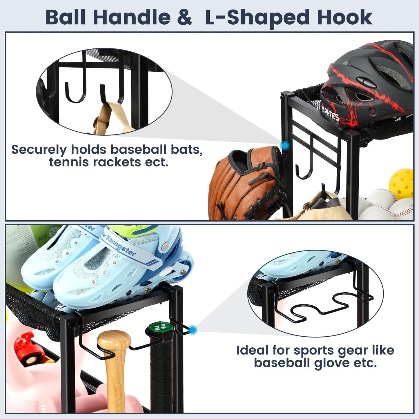 Kinghouse Garage Sports Equipment Organizer, Sports Rack with Hooks, with 37 Gal Ball Storage Bin, Elastic Straps Storage for Basketball, Soccer, Tennis, Stick, Racket, Nerf Gun, Toy, Indoor, Outdoor