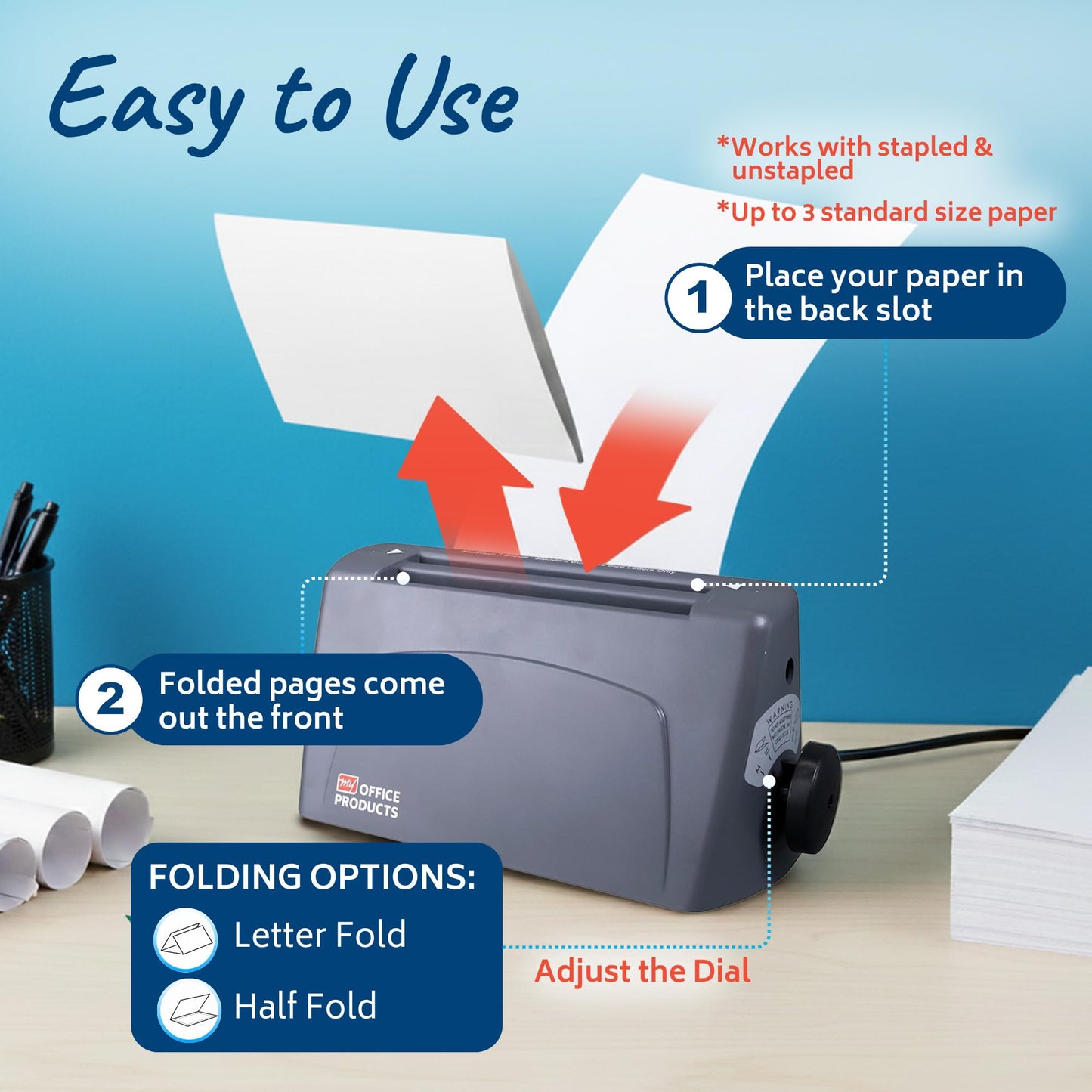 Martin Yale P6500 Paper Folding Machine for Letter Size Paper, Manual Feed Automatic Operation, Desktop Letter Folding Machine with Tri Fold and Half Fold, Handles Up to 1,800 Sheets Per Hour