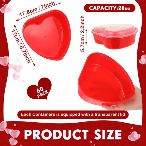 Layhit 60 Pcs Valentine's Day Heart Containers Plastic Food Storage Containers with Lids Heart Shaped Disposable Dessert Lunch Box for Kitchen Restaurant Fruit Vegetable (Red,28 oz)