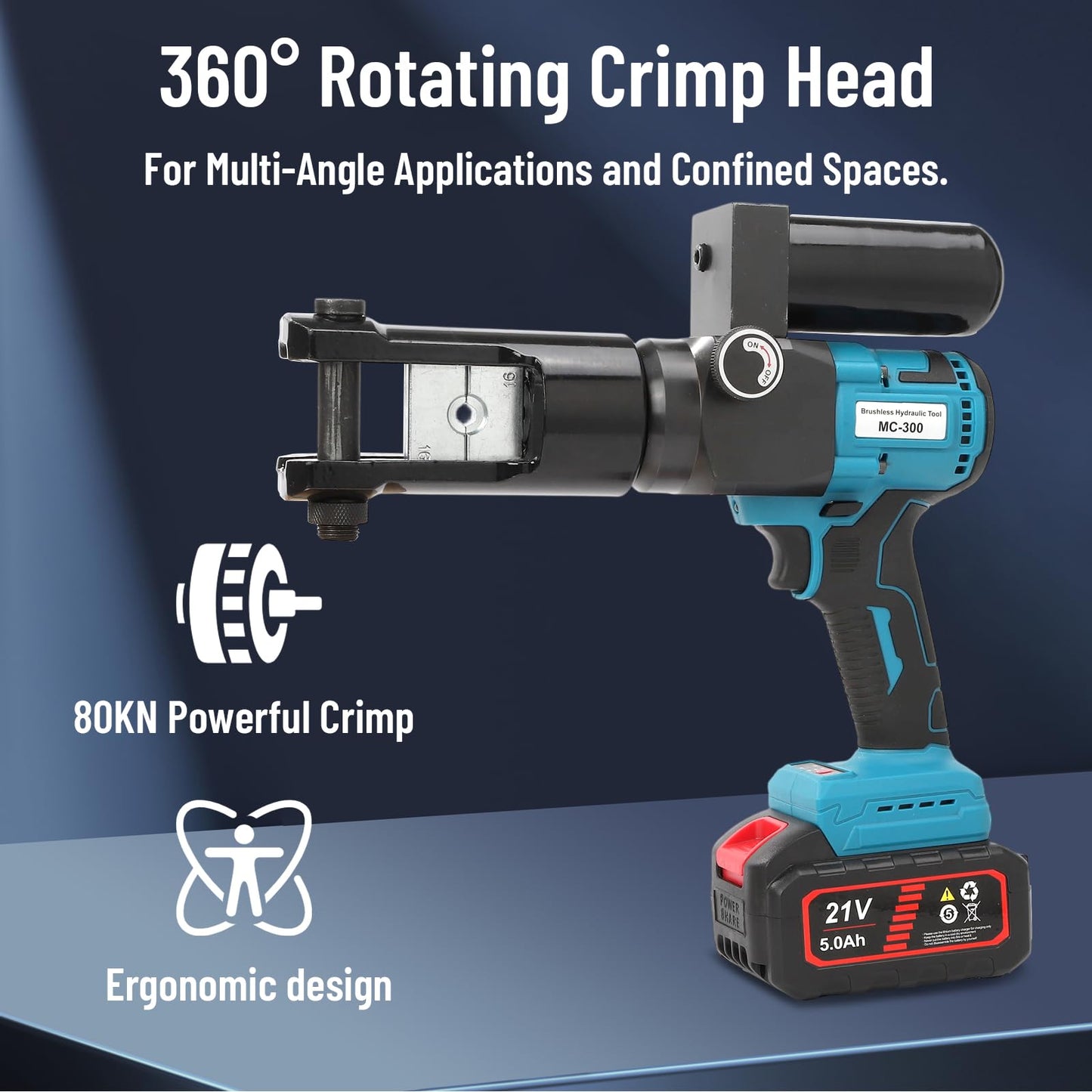 Hydraulic Crimping Tool 80KN Battery Powered 21V 5Ah Lithium-Ion 360° Rotating Head 3-6 Sec Fast Crimping 16-300mm² Copper/Aluminum 6AWG-600MCM with 2 Batteries & Storage Box