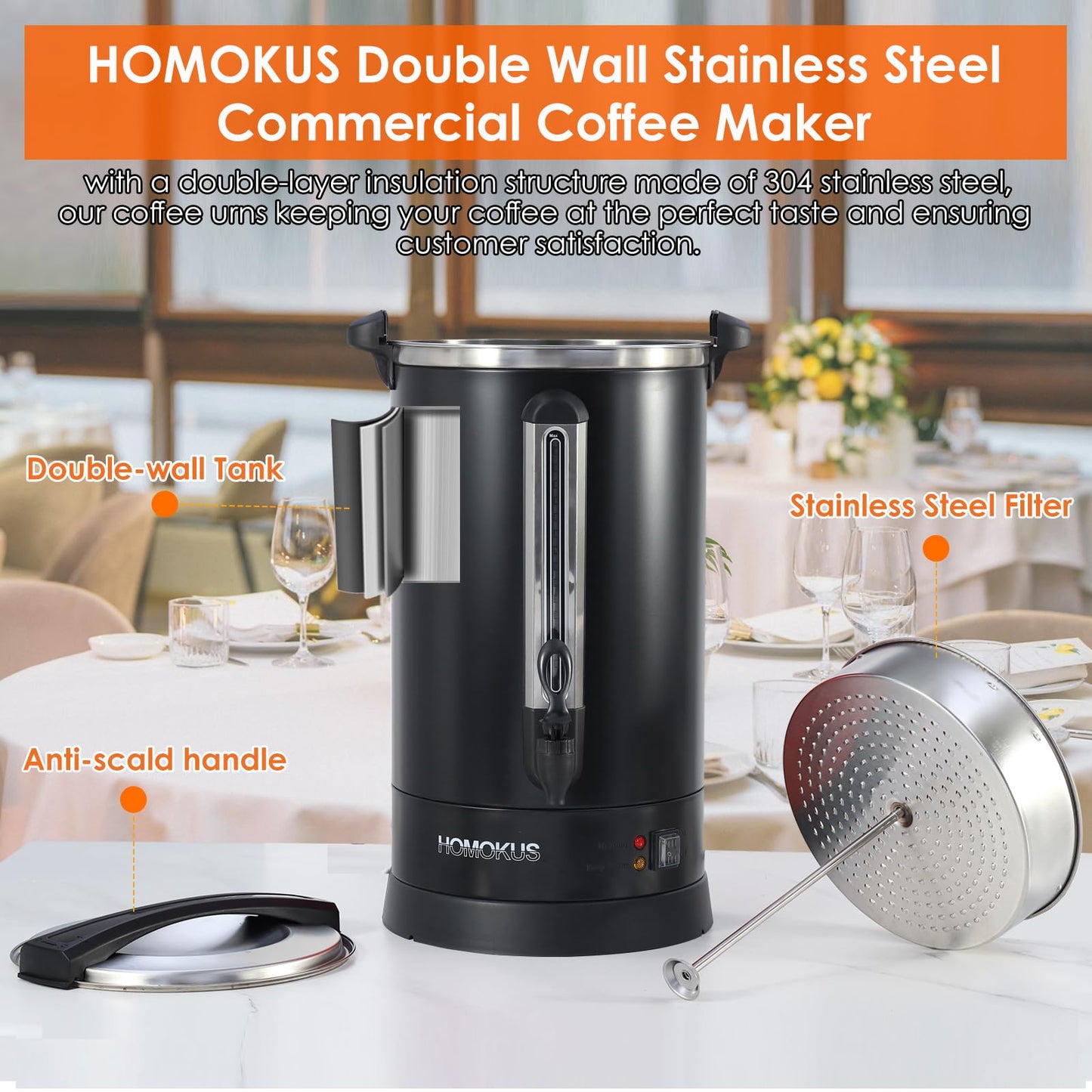 HOMOKUS Commercial Coffee Urn,120 Cup Commercial Coffee Maker,18L Double Wall Stainless Steel Large Hot Coffee Dispenser Hot Water Urn,1500W Quick Brew Electric Coffee Percolator (Dark Grey)