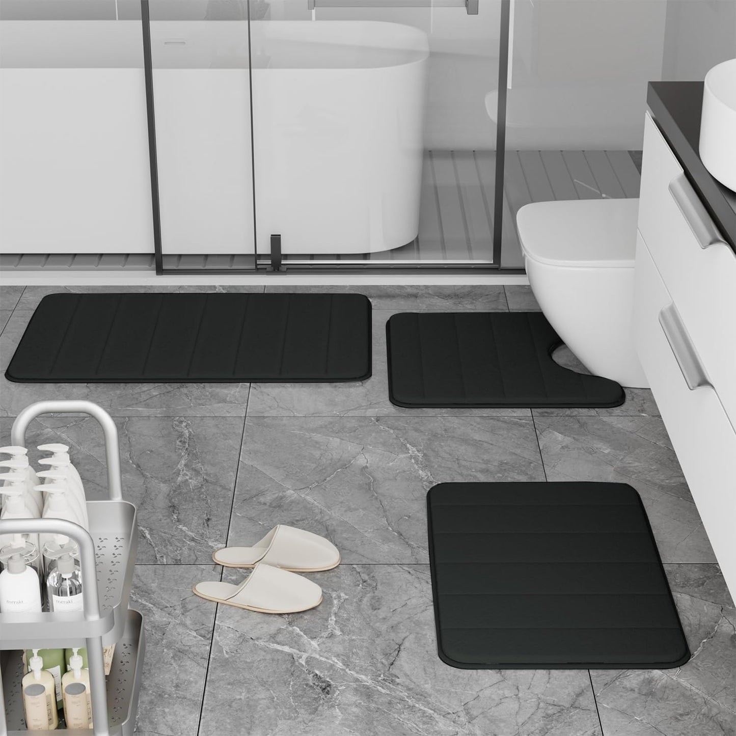 Skiennix Memory Foam Bath Rugs Set - Non-Slip, Washable, Super Soft 3-Piece Black Bathroom Mats
