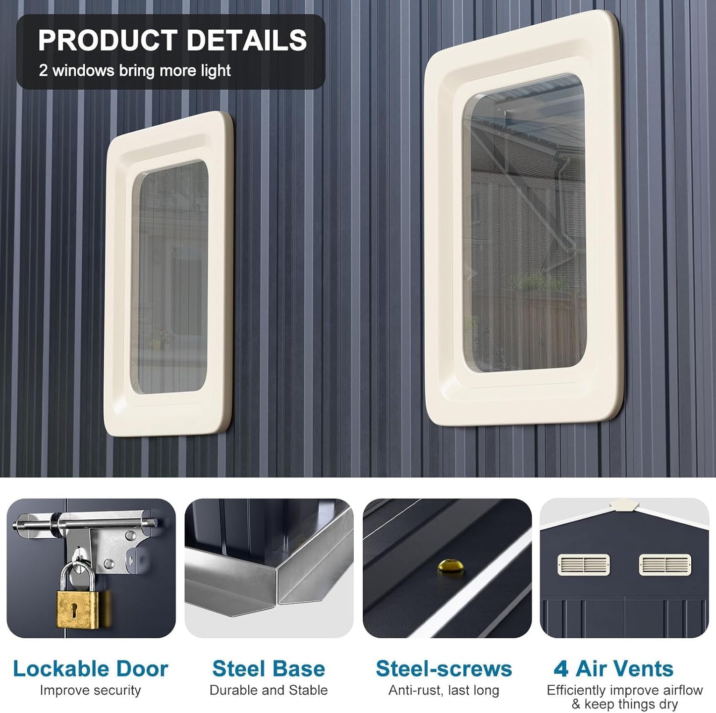 WELYAS 10x10 FT Metal Outdoor Storage Shed with Unique Floor Base Clear Roof Window Lockable Double Door Vent Heavy Duty Reinforced Frame Waterproof Sheds for Garden Large Lawnmower Tool,Dark Grey